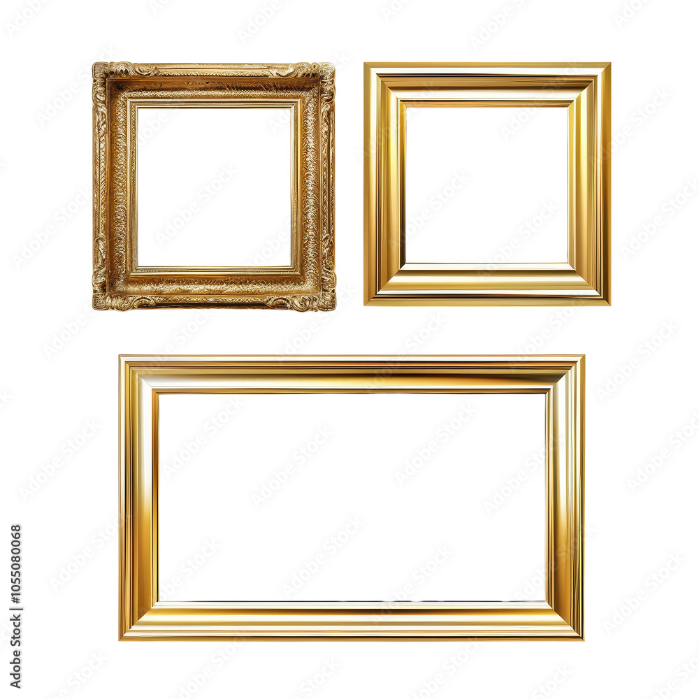 Three Elegant Gold Picture Frames of Various Designs and Sizes Three Elegant Gold Picture Frames of Various Designs and Sizes