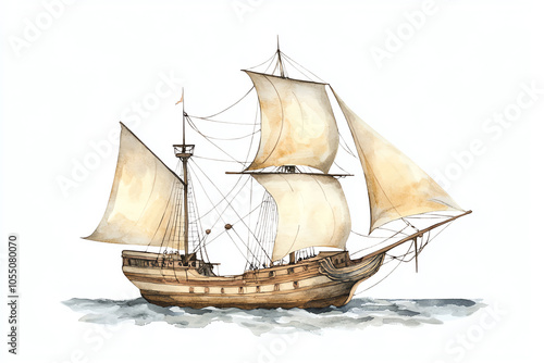 Watercolor illustration of an old sailing ship with large beige sails on a calm sea