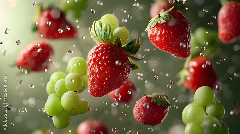 Realistic strawberries and grapes falling through the air with vibrant colors and detailed textures Realistic strawberries and grapes falling through the air with vibrant colors and detailed textures