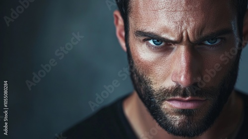 A man with a beard and a blue eye stares at the camera