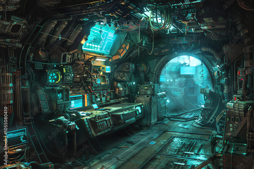 Fototapeta premium Imagine a haunted spaceships interior filled with futuristic technologies gone awry under unexpected camera angles, emphasizing horror elements Use a traditional art medium of your choice to craft a c