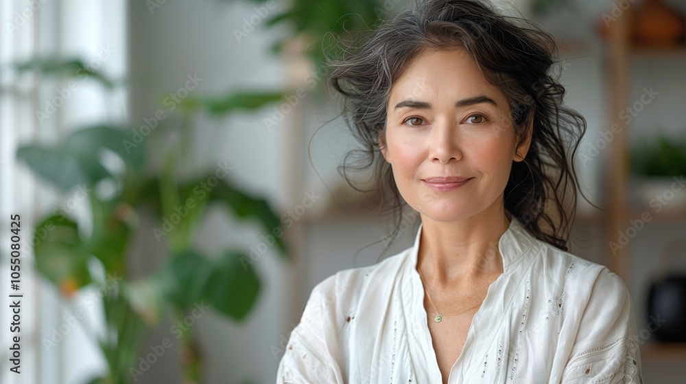Serene Middle-Aged Woman Indoors with Plants Serene Middle-Aged Woman Indoors with Plants