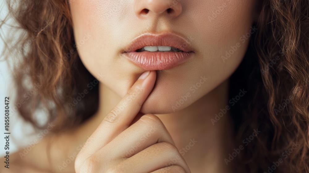 A woman with long brown hair and a pink lip A woman with long brown hair and a pink lip