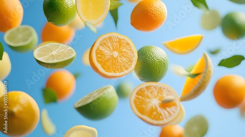 A mix of citrus fruits like oranges lemons and limes falling in mid-air with bright natural hues