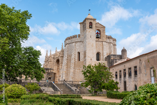 Facade of the iconic fortified Convento de Cristo in Tomar, former main convent of the Order of the Templar in Portugal
