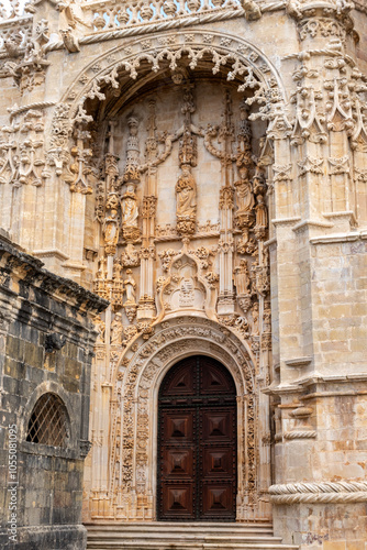 Manueline style portal of the iconic fortified Convento de Cristo in Tomar  former main convent of the Order of the Templar in Portugal