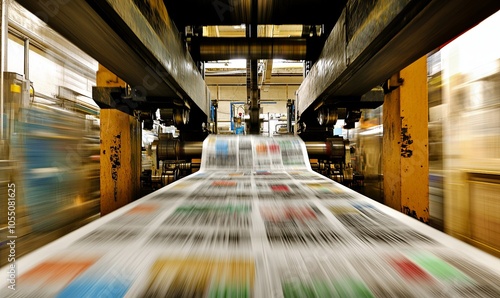 A newspaper printing press in operation, showing the paper being rolled and printed.