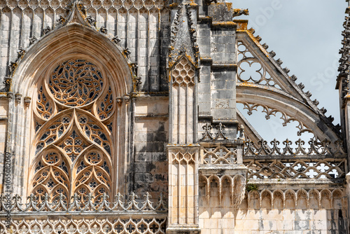 Architectural detail of the portal of medieval Santa Maria da Vitoria monastery church in Batalha, a manueline gothic masterpiece