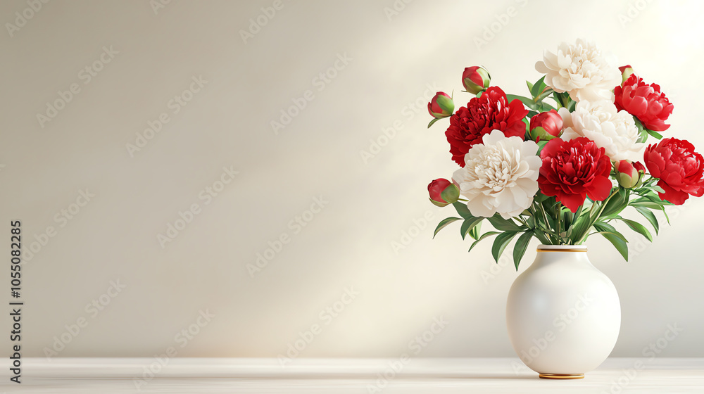 Elegant arrangement of peony flowers in a decorative vase with red and gold accents Elegant arrangement of peony flowers in a decorative vase with red and gold accents