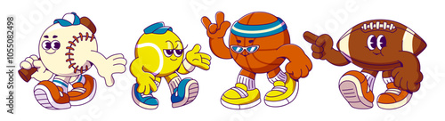Retro sport ball cartoon mascot. Groovy tennis and soccer character in trendy style. Happy and positive american football comic face illustration. Cool softball athletic isolated icon drawing