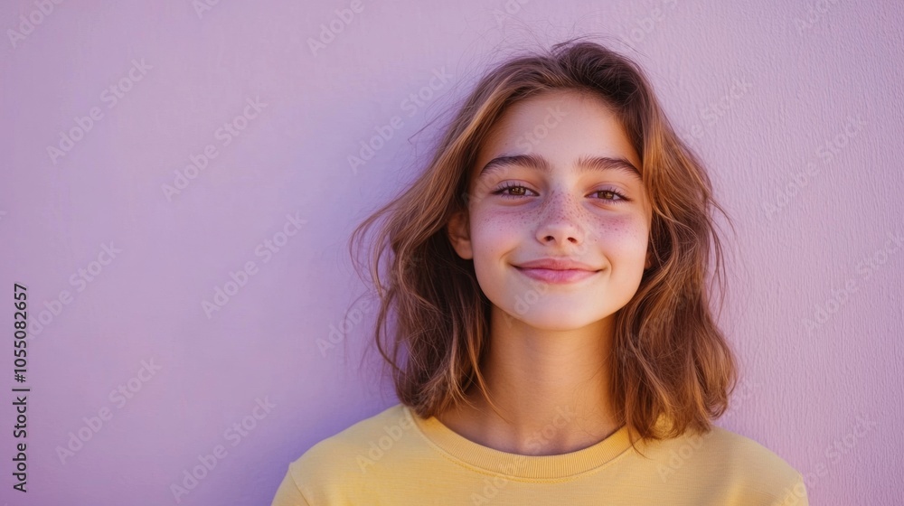 A girl with brown hair and a yellow shirt is smiling at the camera A girl with brown hair and a yellow shirt is smiling at the camera