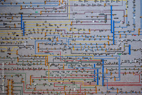 Intricate network diagram displaying multiple interconnected lines and elements on a grid of an electric city plan