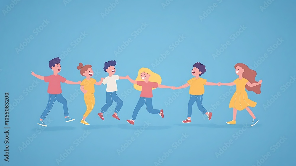 Happy Children Holding Hands and Running Together, Illustrating Joyful Friendship and Camaraderie Happy Children Holding Hands and Running Together, Illustrating Joyful Friendship and Camaraderie