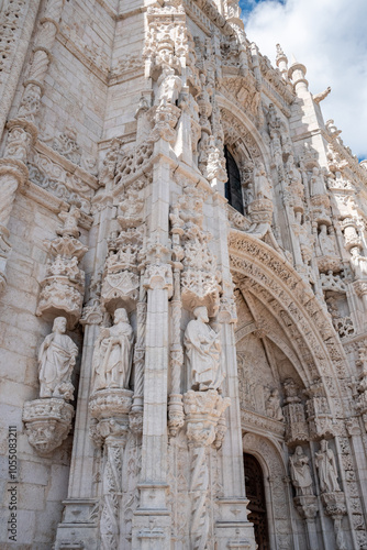 Portal of the Jeronimos monastery church of St. Maria of Belem in Lisbon, Portugal, a manueline architectural masterpiece