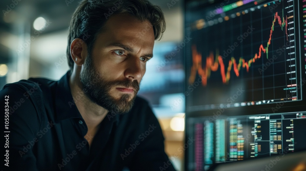 A man is looking at a computer screen with a lot of numbers and graphs A man is looking at a computer screen with a lot of numbers and graphs