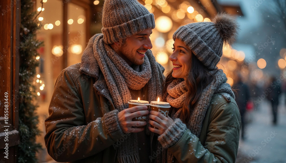 Obraz premium A joyful couple in winter clothing enjoys a warm drink outdoors amidst glowing lights and falling snow.