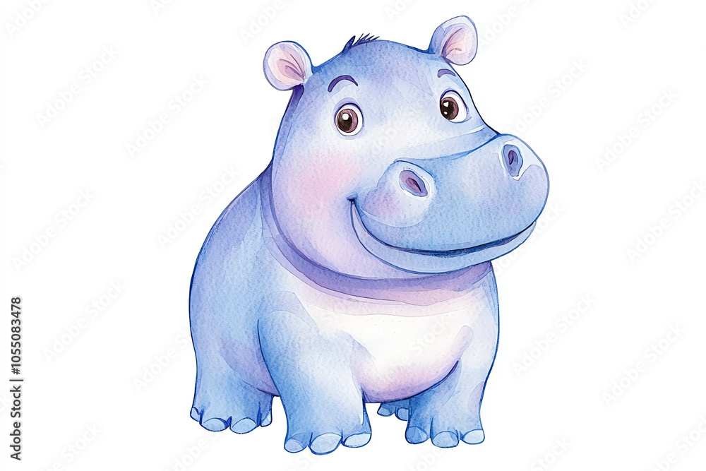 Hand-painted watercolor clipart of a baby hippo, highlighted with subtle purple and blue shading, capturing the creature's friendly expression and fine detailing of its skin Hand-painted watercolor clipart of a baby hippo, highlighted with subtle purple and blue shading, capturing the creature's friendly expression and fine detailing of its skin