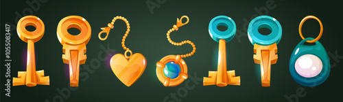 House key chain illustration. Home door gold keyring set with tag and trinket. Unlock office accessory with golden jewelry pendant icon. Cute charm and magnet object from hotel apartment cartoon
