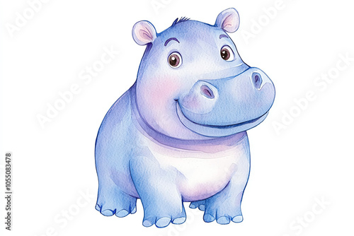 Hand-painted watercolor clipart of a baby hippo, highlighted with subtle purple and blue shading, capturing the creature's friendly expression and fine detailing of its skin