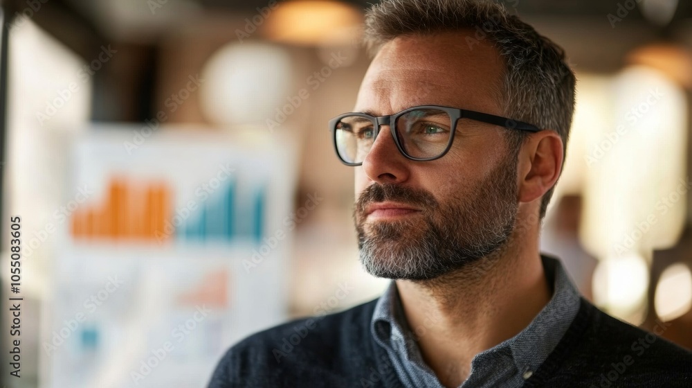 Obraz premium A man with glasses is looking at a presentation