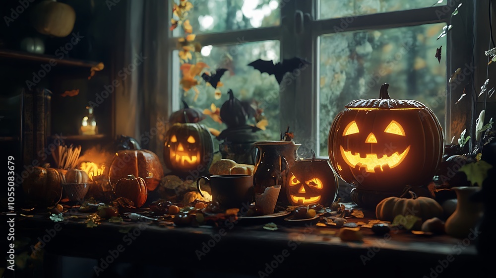 Halloween cozy gathering with warm drinks and treats Halloween cozy gathering with warm drinks and treats