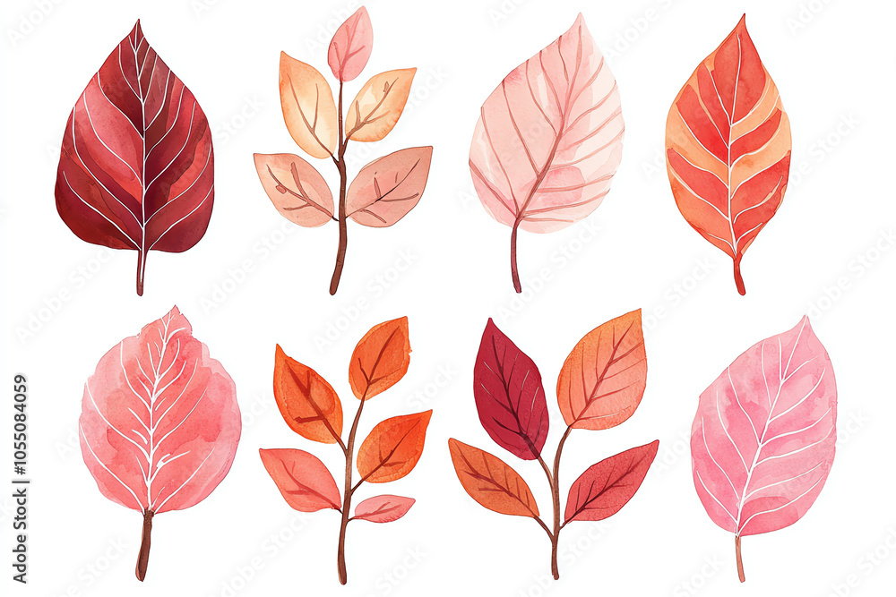 Fototapeta premium Fall-inspired watercolor clipart of vibrant autumn leaves