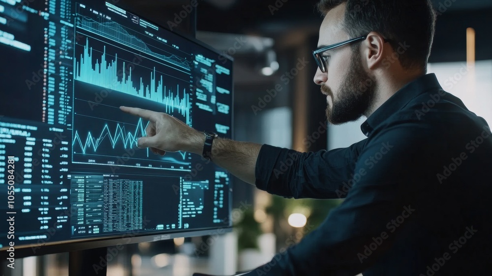 A man pointing at a computer monitor displaying graphs and numbers A man pointing at a computer monitor displaying graphs and numbers