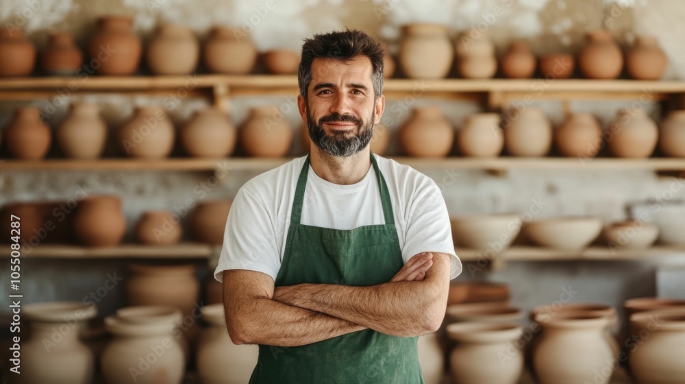 Portrait of a skilled artisan man intently focused on learning the traditional pottery making techniques from a local workshop in a quaint rural village in Portugal Portrait of a skilled artisan man intently focused on learning the traditional pottery making techniques from a local workshop in a quaint rural village in Portugal