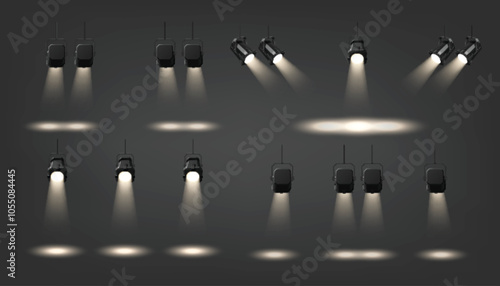 Professional stage spotlights with various beam configurations. Realistic 3d vector focused illumination patterns. Different mounting angles setup for performances and concerts lighting effects.