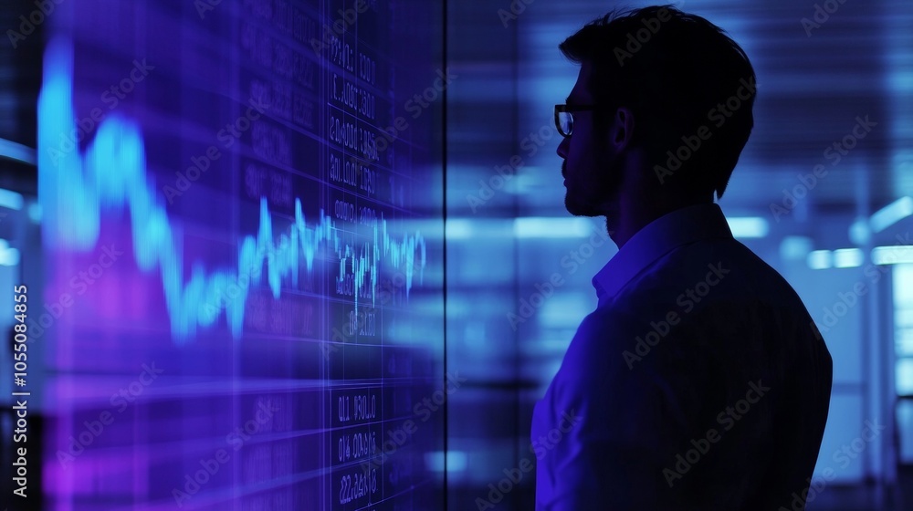 A man is looking at a computer screen with a graph on it A man is looking at a computer screen with a graph on it
