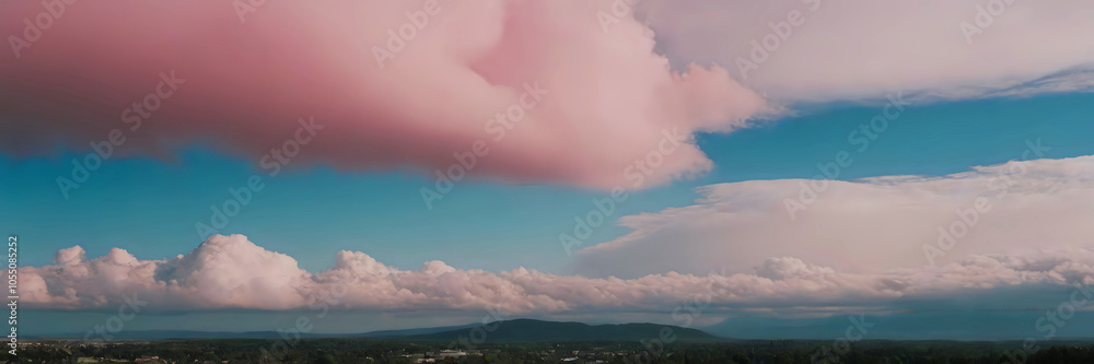 Obraz premium Dramatic Pink and White Cloudscape Over Distant Mountains, Nature Sky Background - Photograph