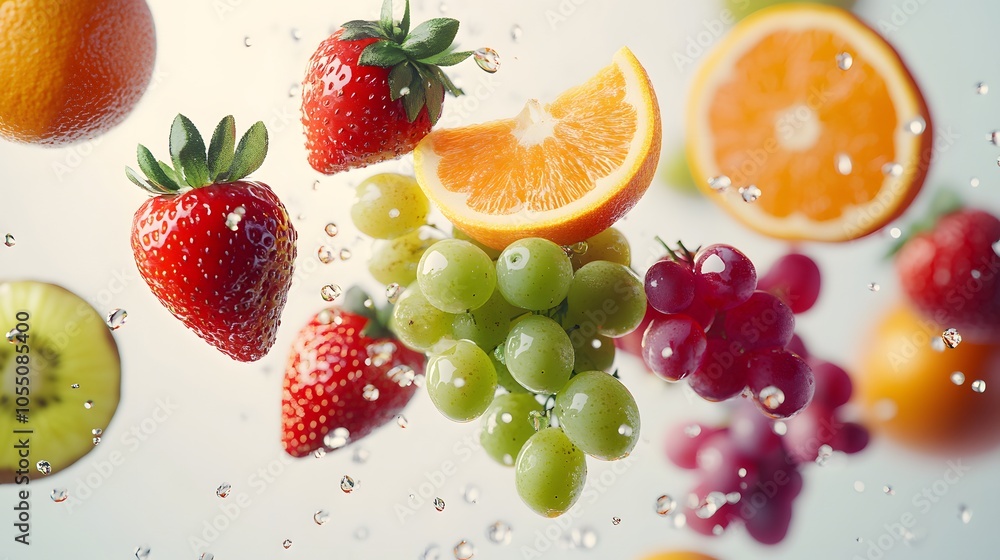 Fresh grapes strawberries and oranges falling in mid-air with realistic detail and shadows Fresh grapes strawberries and oranges falling in mid-air with realistic detail and shadows