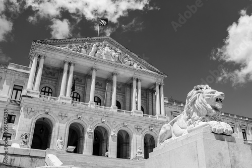 Portuguese parliament building or Palacio de Sao Bento in Lisbon with lion statue photo