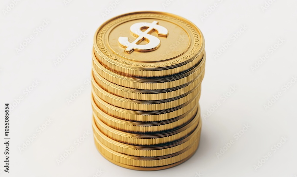A stack of golden coins with a dollar sign on the top coin isolated on a white background. A stack of golden coins with a dollar sign on the top coin isolated on a white background.