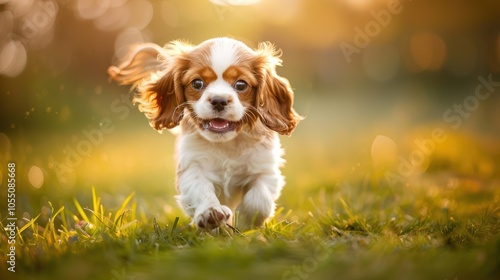 Happy Cavalier King Charles Spaniel Puppy Running in Grass