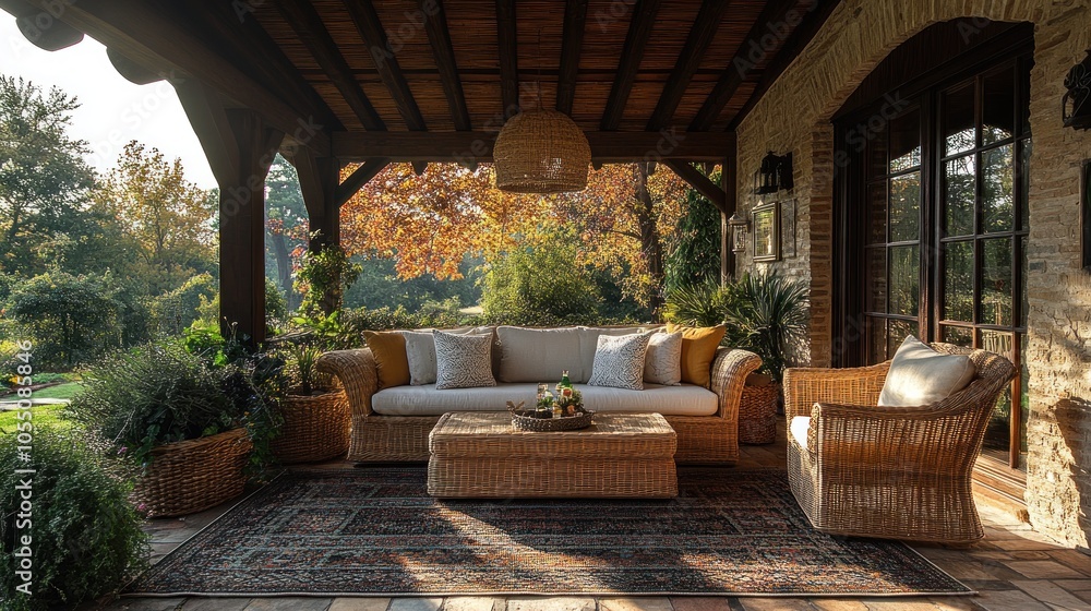 Cozy outdoor seating area with natural decor and plants. Cozy outdoor seating area with natural decor and plants.