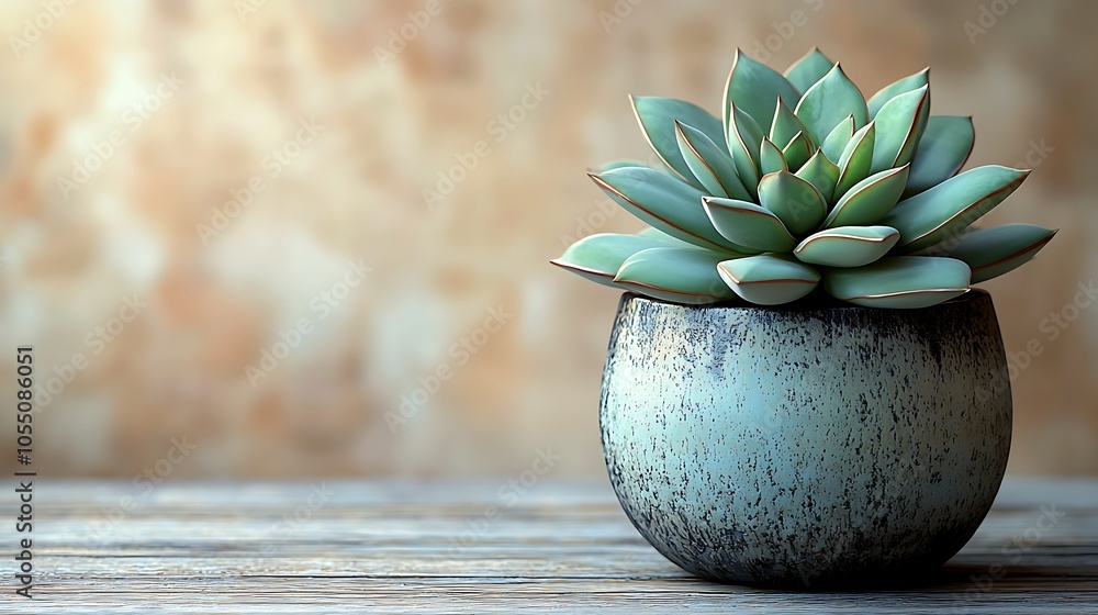 A single succulent plant in a blue pot, with a wooden table in the foreground and a blurred brown background. A single succulent plant in a blue pot, with a wooden table in the foreground and a blurred brown background.
