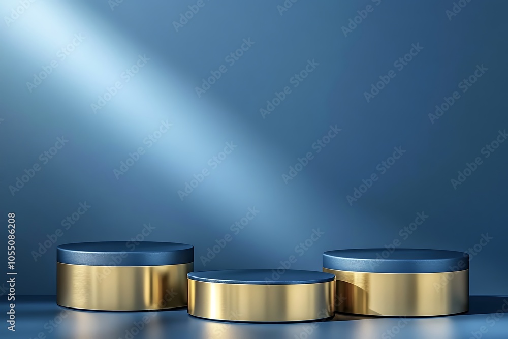 Empty blue cylinder podium with gold border and gold circle on blue background. Abstract minimal studio 3d geometric shape object. Mockup space for display of product design. 3d rendering. Empty blue cylinder podium with gold border and gold circle on blue background. Abstract minimal studio 3d geometric shape object. Mockup space for display of product design. 3d rendering.