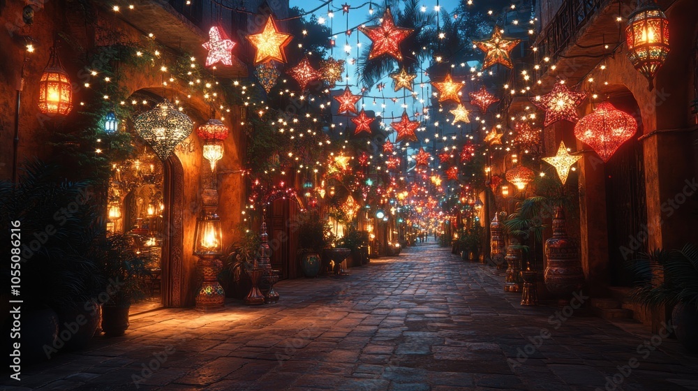 A Cozy, Star-Lit Alleyway Adorned with Lanterns A Cozy, Star-Lit Alleyway Adorned with Lanterns