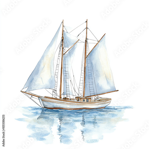 Hand-painted watercolor clipart of a vintage wooden sailboat with full sails on the open ocean