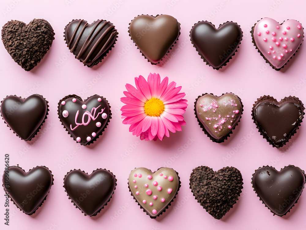 Fototapeta premium A single pink flower surrounded by chocolate hearts on a pink background.