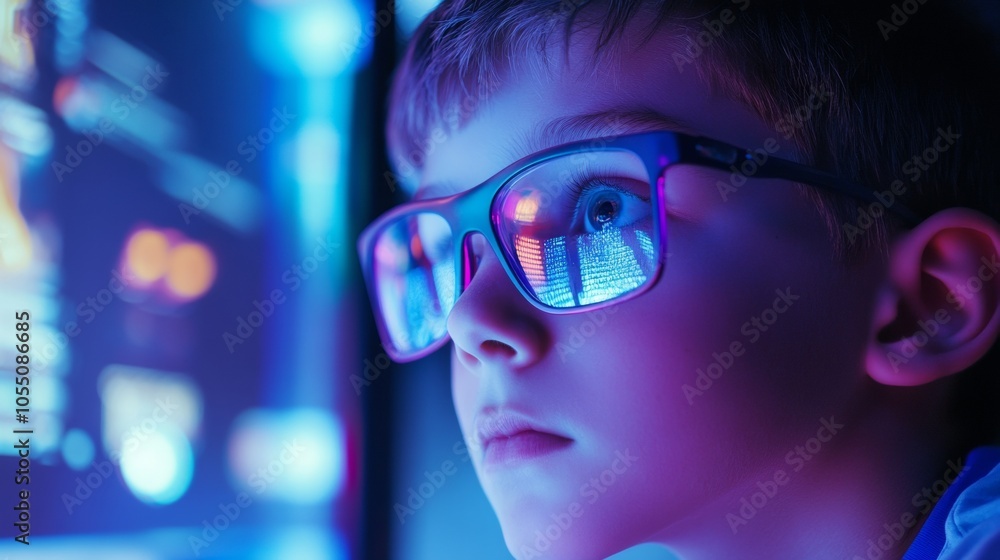 A boy wearing glasses is looking at a computer screen A boy wearing glasses is looking at a computer screen