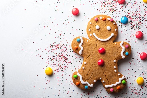 Happy Gingerbread Man 2D Flat Illustration with Candy Buttons and Icing Decorations on Festive White Background - Copy Space for Text