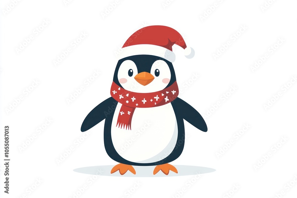 Playful Penguin in Santa Hat and Scarf - Festive Winter Holiday 2D Flat Illustration on White Background for Seasonal Designs Playful Penguin in Santa Hat and Scarf - Festive Winter Holiday 2D Flat Illustration on White Background for Seasonal Designs