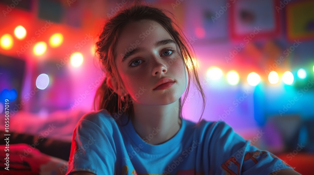 A young woman is sitting on a bed with a blue shirt on A young woman is sitting on a bed with a blue shirt on