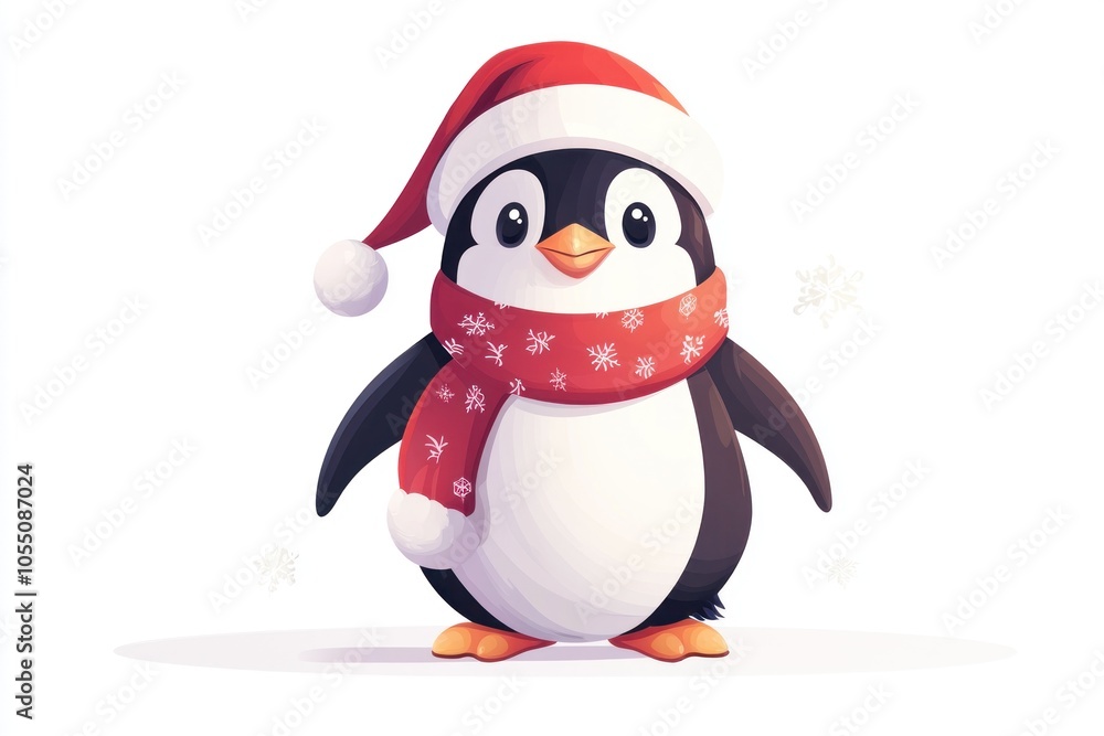 Festive Penguin in Santa Hat and Scarf - Whimsical Winter Holiday Character in Flat 2D Design on White Background for Seasonal Projects Festive Penguin in Santa Hat and Scarf - Whimsical Winter Holiday Character in Flat 2D Design on White Background for Seasonal Projects