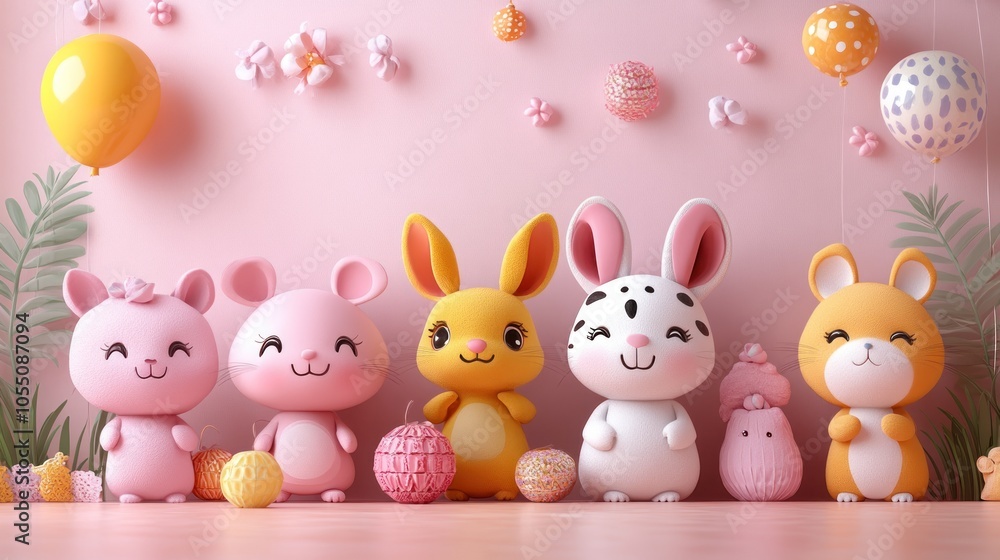 Five Adorable Cartoon Animals with Balloons and Flowers on a Pink Background Five Adorable Cartoon Animals with Balloons and Flowers on a Pink Background
