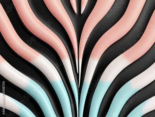 Abstract zebra design, its stripes flowing in pastel colors like sky blue and blush pink, contrasted against a bold black canvas for a dreamy feel photo