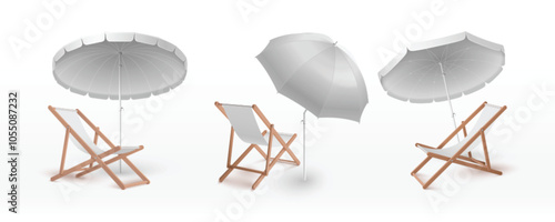Beach umbrella and chair mockups set isolated on white background. Vector realistic illustration of chaise lounge under sunshade parasol with blank surface for branding, garden or poolside furniture