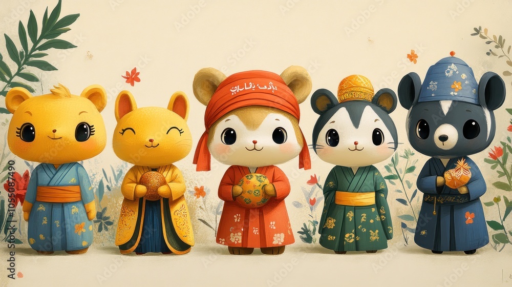 Obraz premium Four Cartoon Animals Dressed in Traditional Japanese Kimono
